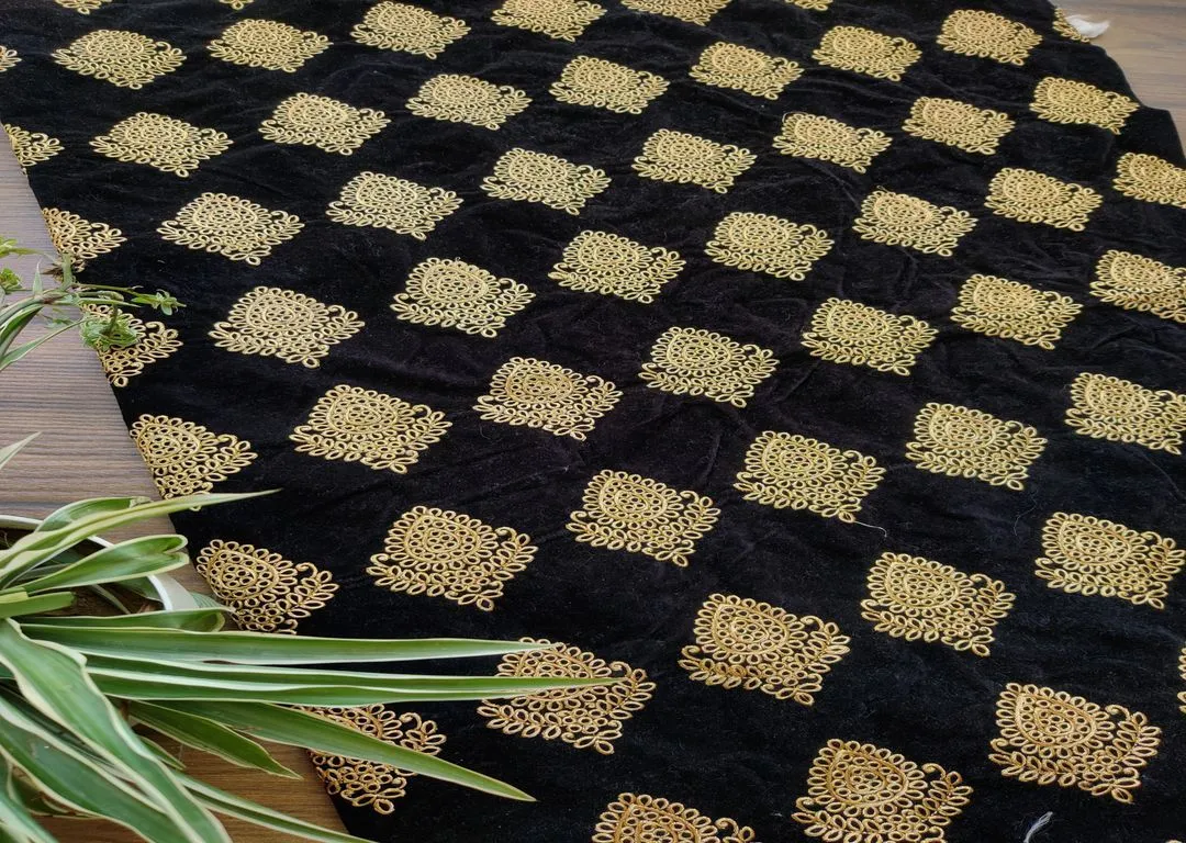 Black Golden Floral Zari Work Embroidered Taffeta Velvet Fabric