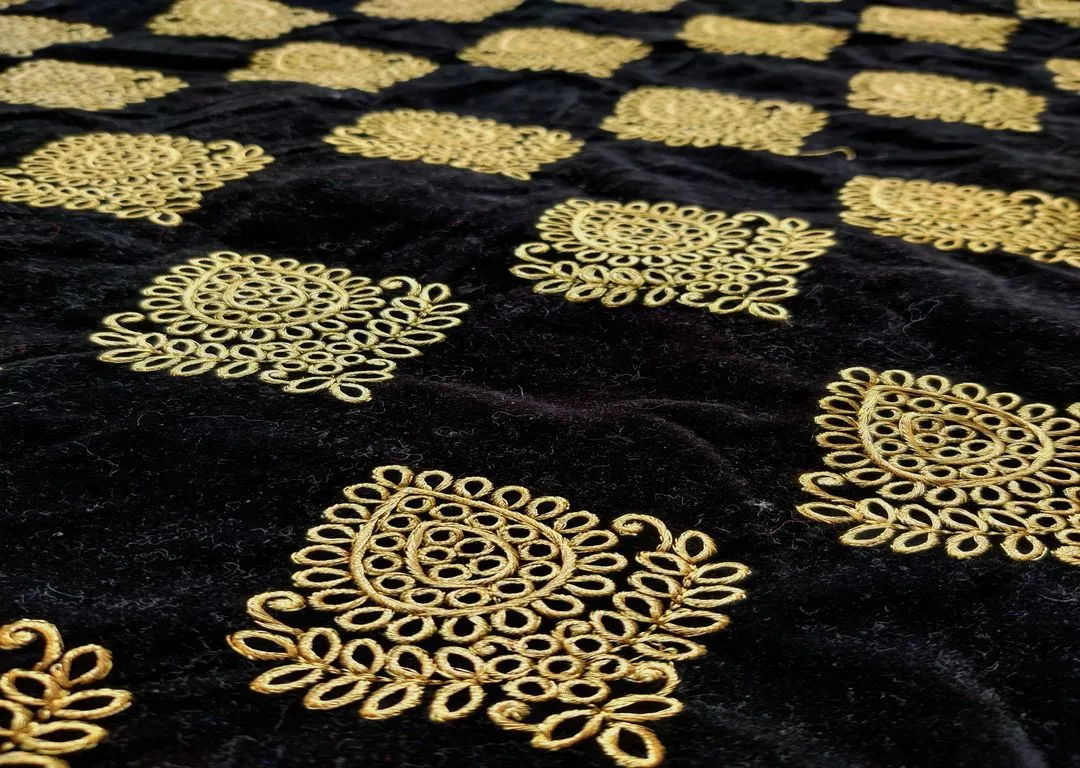 Black Golden Floral Zari Work Embroidered Taffeta Velvet Fabric