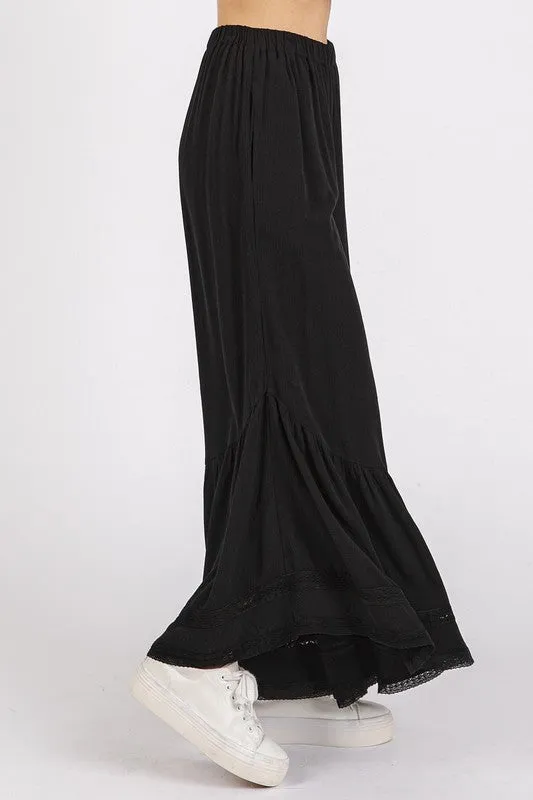 Black Lace Ruffle Asymmetric Hem Wide Leg Pants