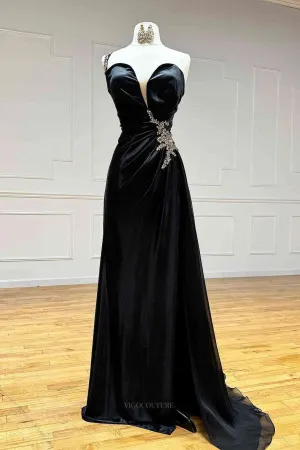 Black Satin Sheath Prom Dresses 2025 Sweetheart Neck Formal Dresses with Slit – 25131