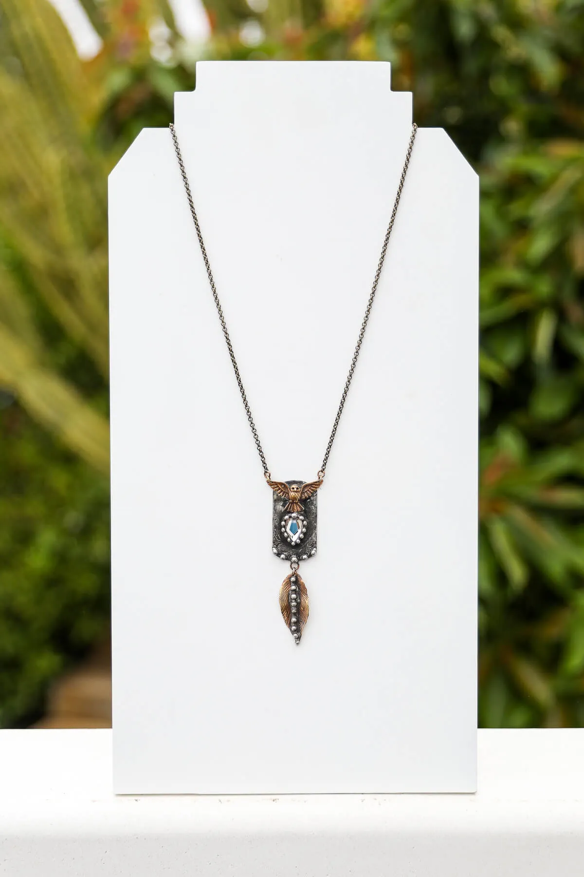 Brass Dog Tag Owl Leaf Drop Necklace