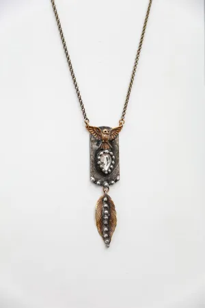 Brass Dog Tag Owl Leaf Drop Necklace