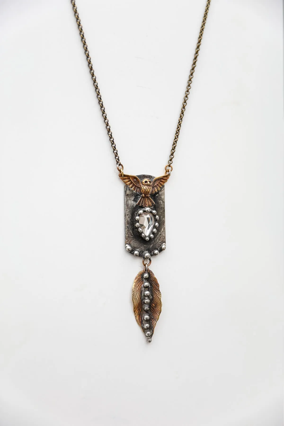 Brass Dog Tag Owl Leaf Drop Necklace