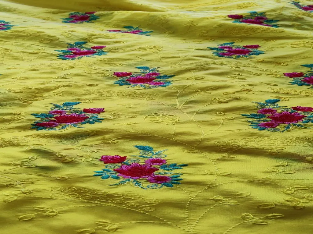Bright Yellow Floral Embroidered Taffeta Silk Fabric