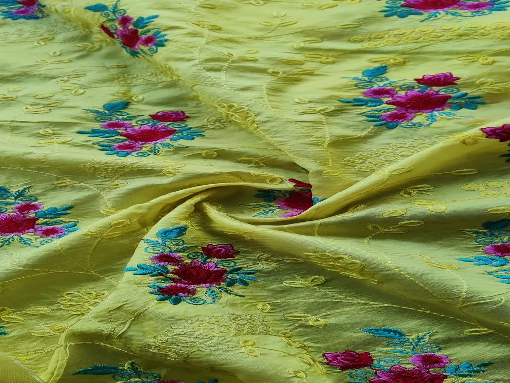 Bright Yellow Floral Embroidered Taffeta Silk Fabric