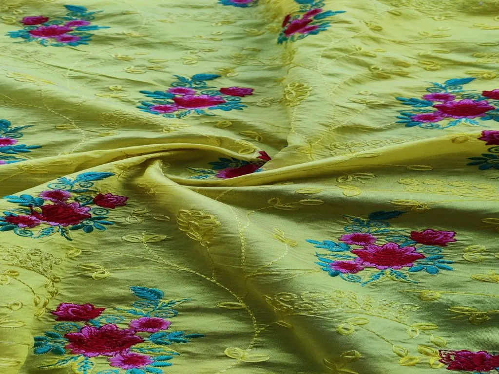 Bright Yellow Floral Embroidered Taffeta Silk Fabric