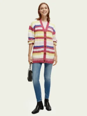 Brushed mixed Stripe Mid Length Cardigan