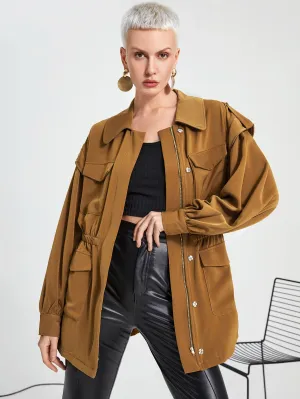Casual Plain Zipper Long Sleeve Peter Pan Collar Short Women Coat