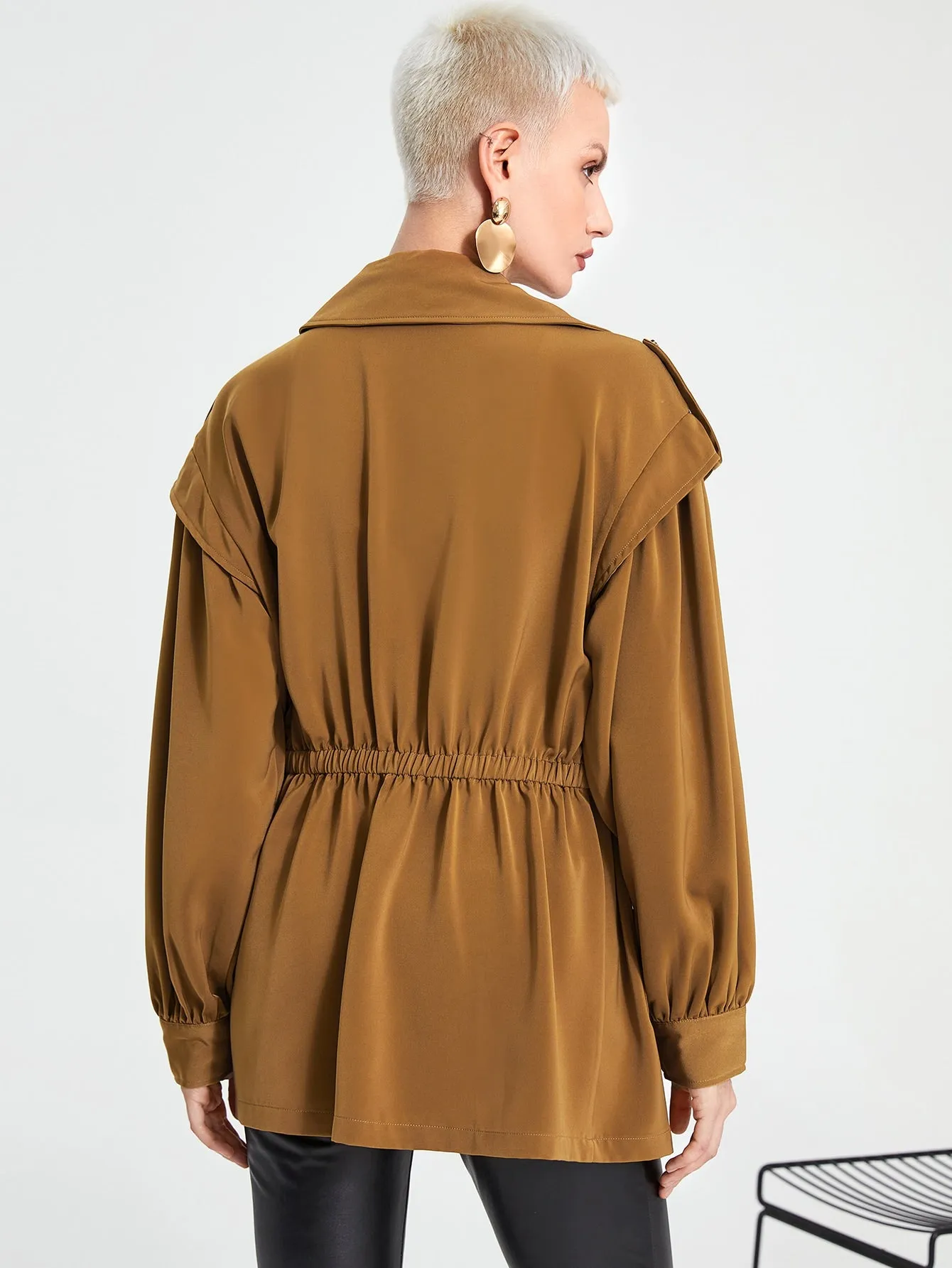 Casual Plain Zipper Long Sleeve Peter Pan Collar Short Women Coat