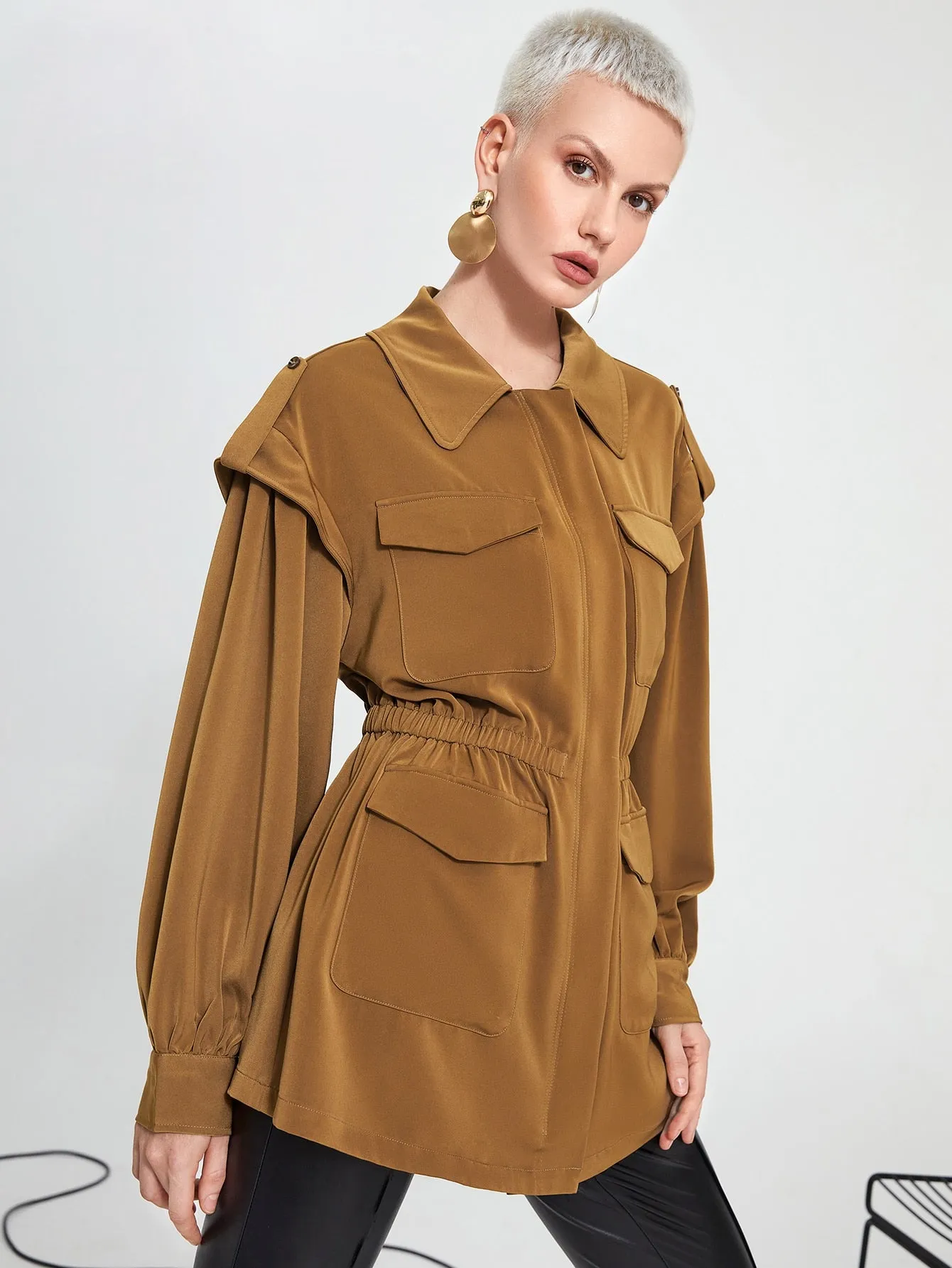 Casual Plain Zipper Long Sleeve Peter Pan Collar Short Women Coat