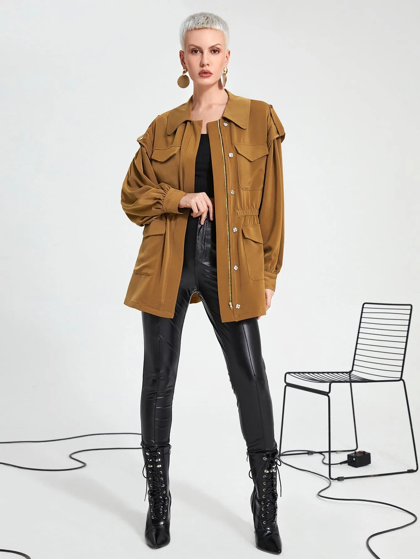 Casual Plain Zipper Long Sleeve Peter Pan Collar Short Women Coat