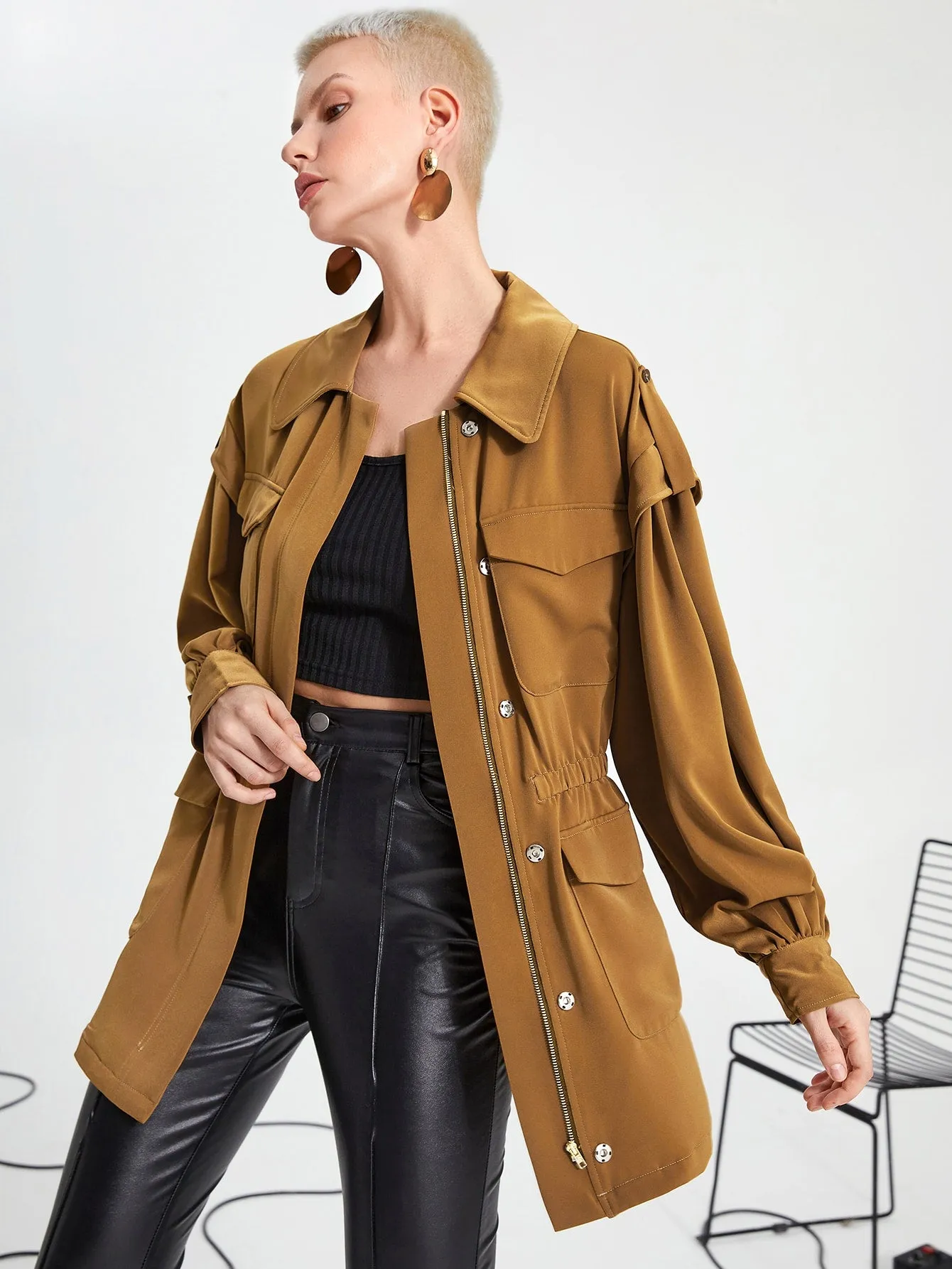 Casual Plain Zipper Long Sleeve Peter Pan Collar Short Women Coat