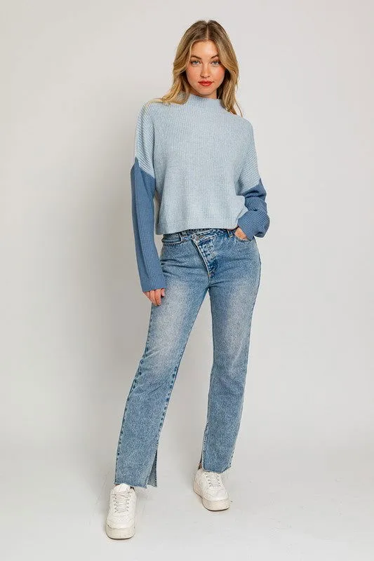 Color Block Oversize Mock Neck Sweater