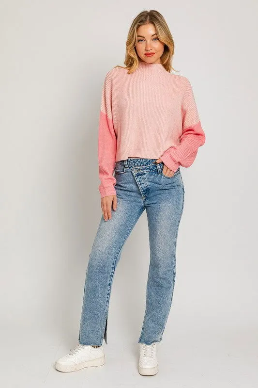 Color Block Oversize Mock Neck Sweater