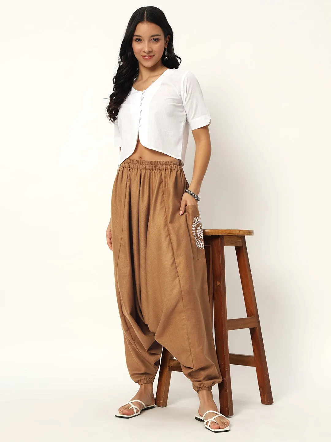 Cotton Printed Pocket Drop Crotch Pants