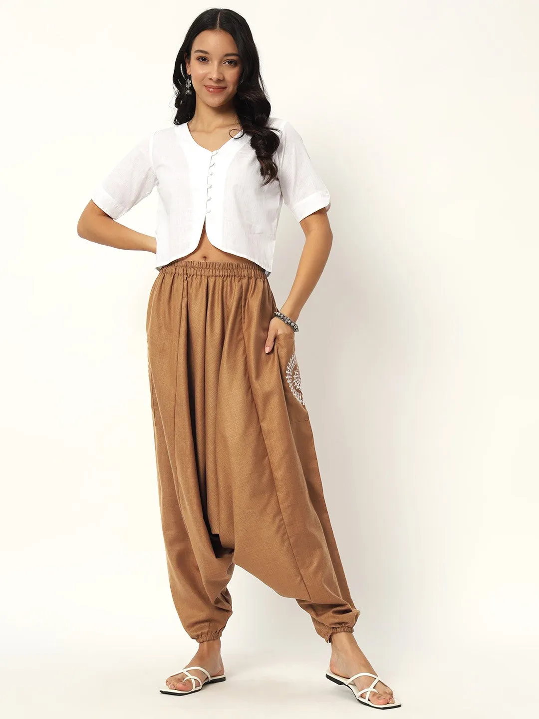 Cotton Printed Pocket Drop Crotch Pants
