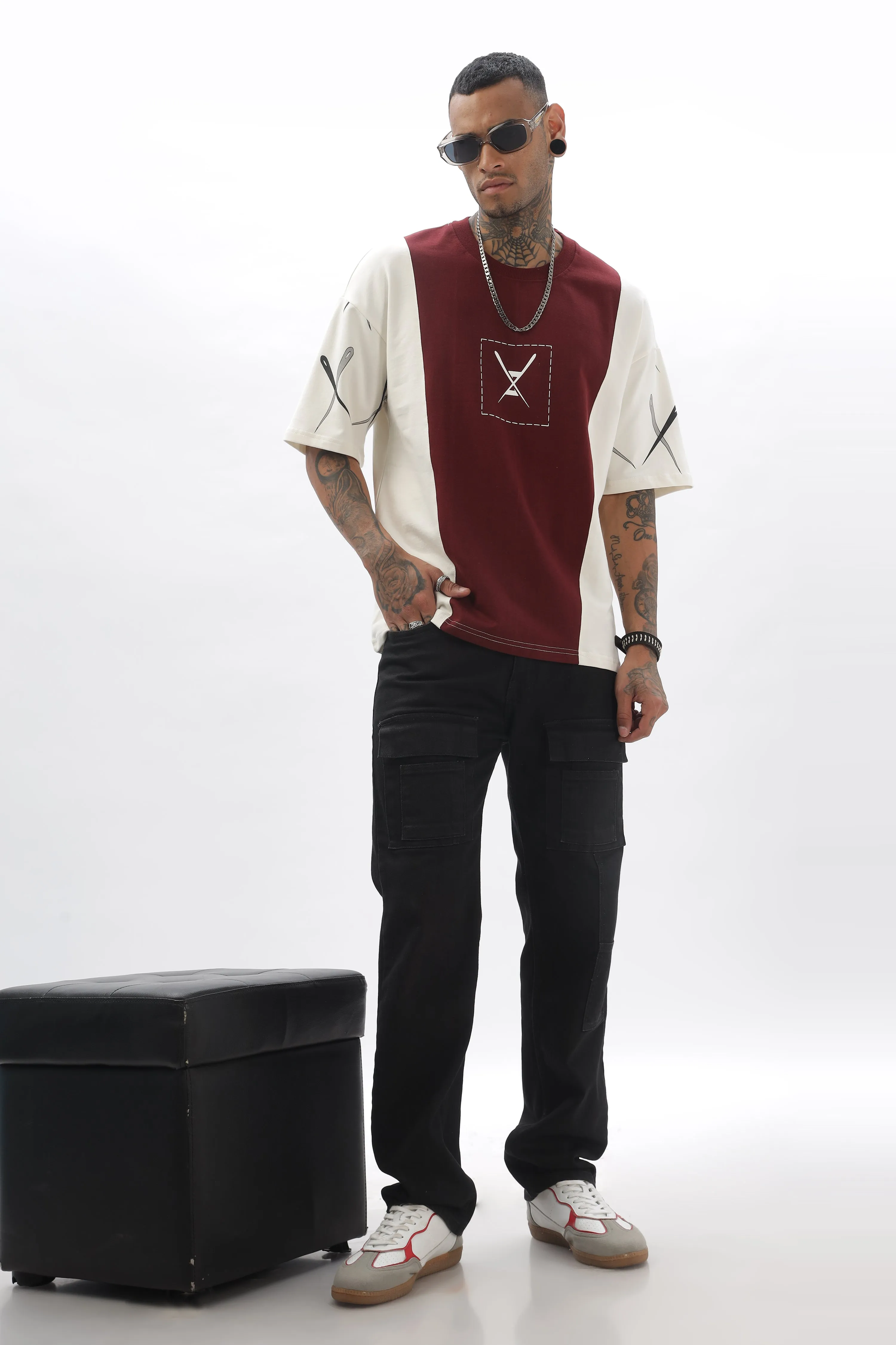 CrossBlock Maroon & Cream Dropshoulder Tee