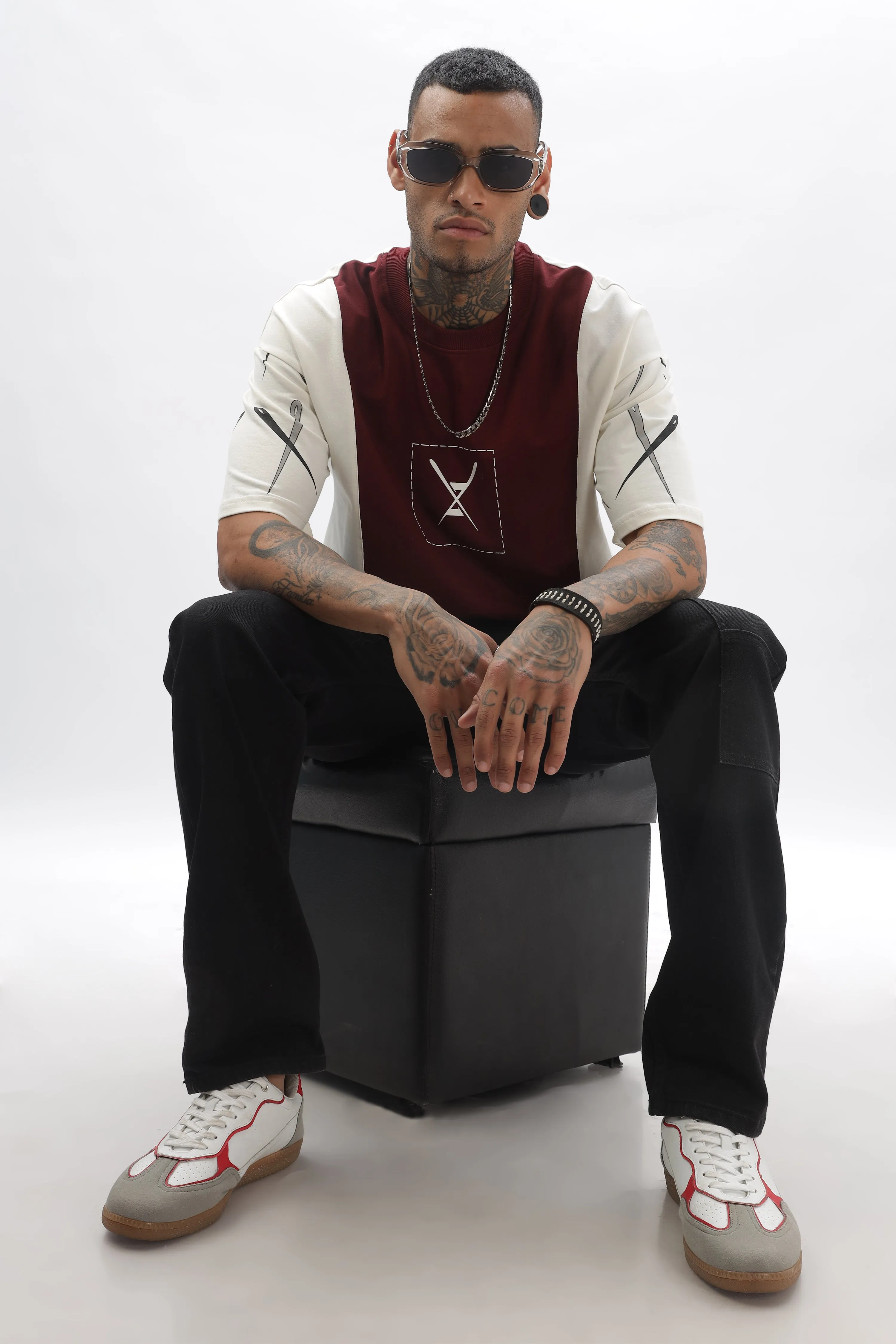 CrossBlock Maroon & Cream Dropshoulder Tee