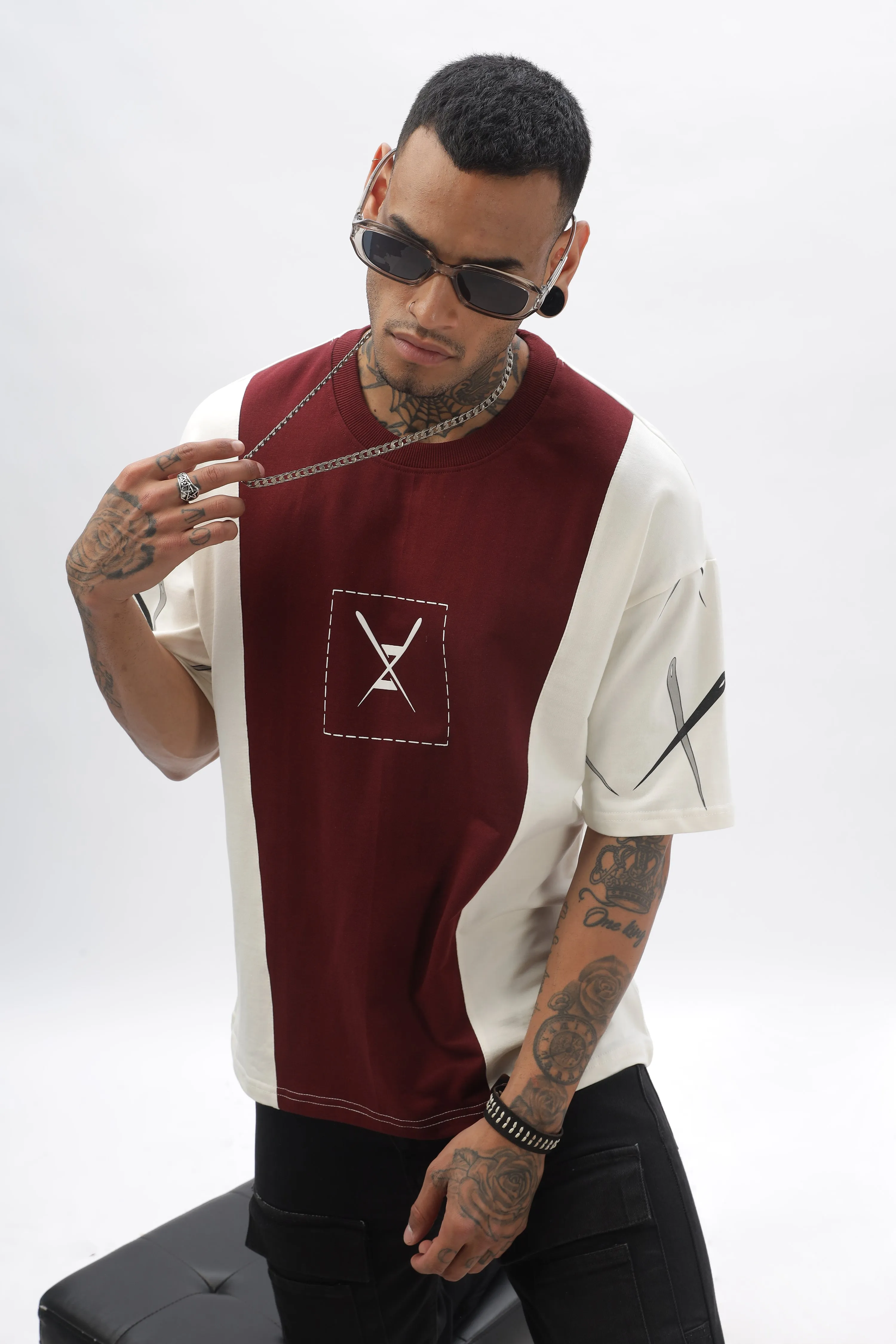 CrossBlock Maroon & Cream Dropshoulder Tee