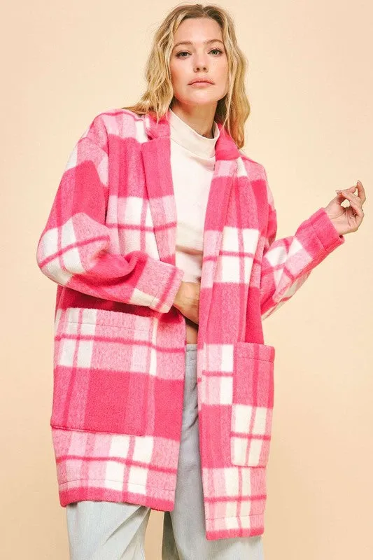 Davi & Dani Hot Pink Checker Plaid Open Front Drop Shoulder Longline Coat