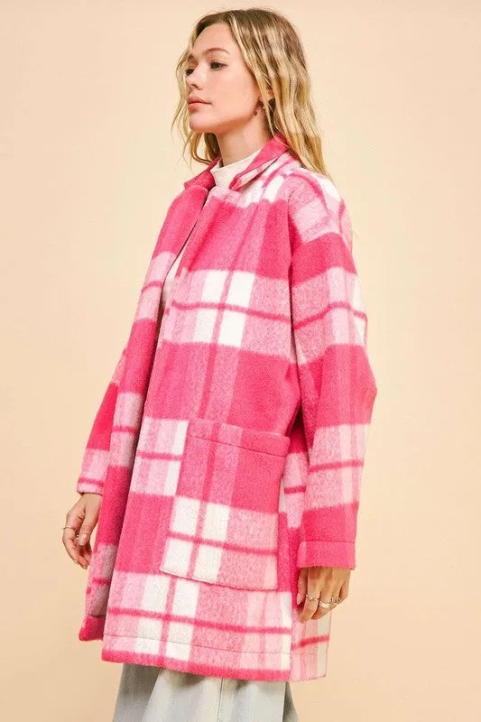 Davi & Dani Hot Pink Checker Plaid Open Front Drop Shoulder Longline Coat