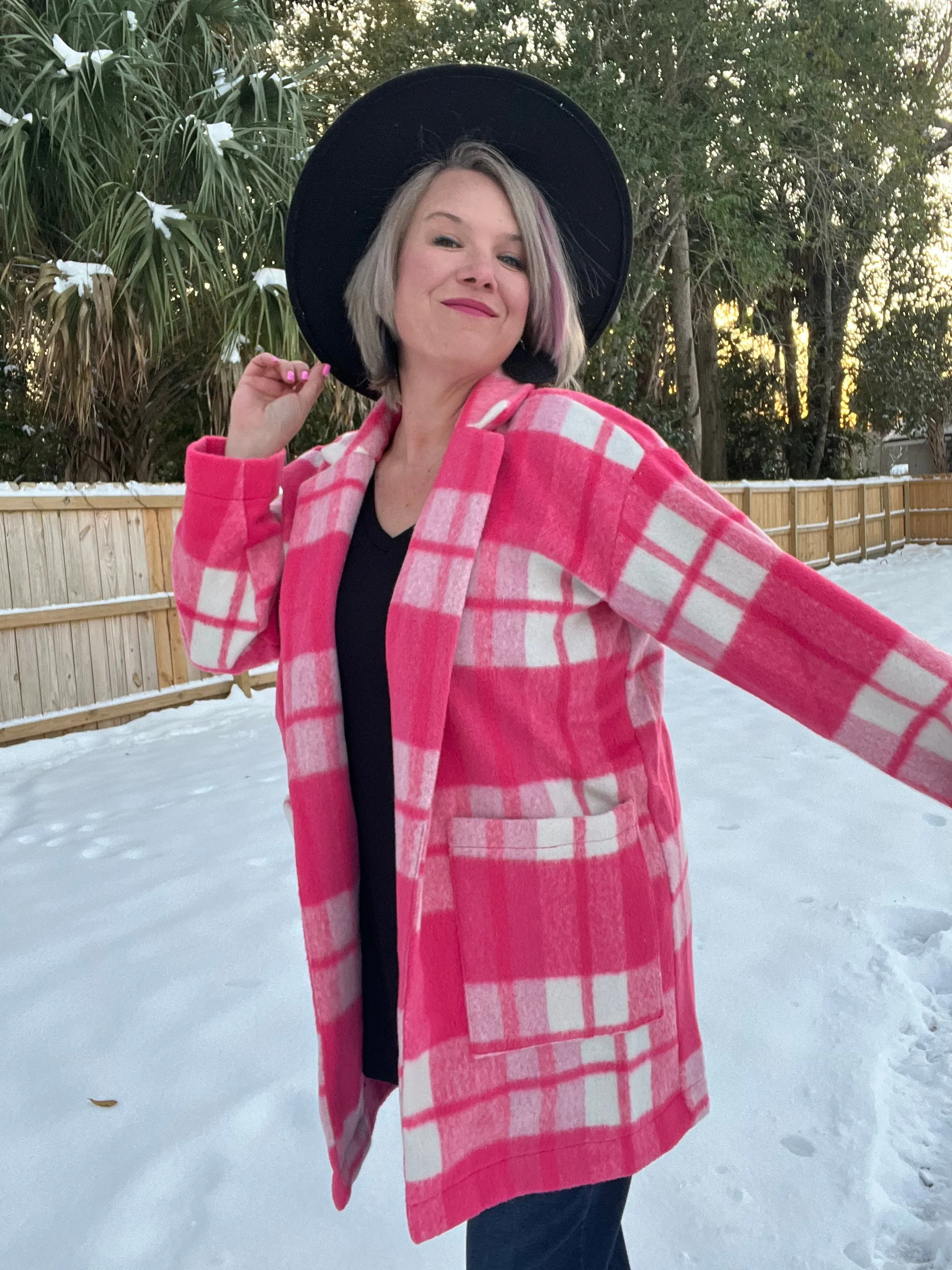 Davi & Dani Hot Pink Checker Plaid Open Front Drop Shoulder Longline Coat