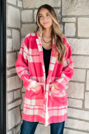 Davi & Dani Hot Pink Checker Plaid Open Front Drop Shoulder Longline Coat
