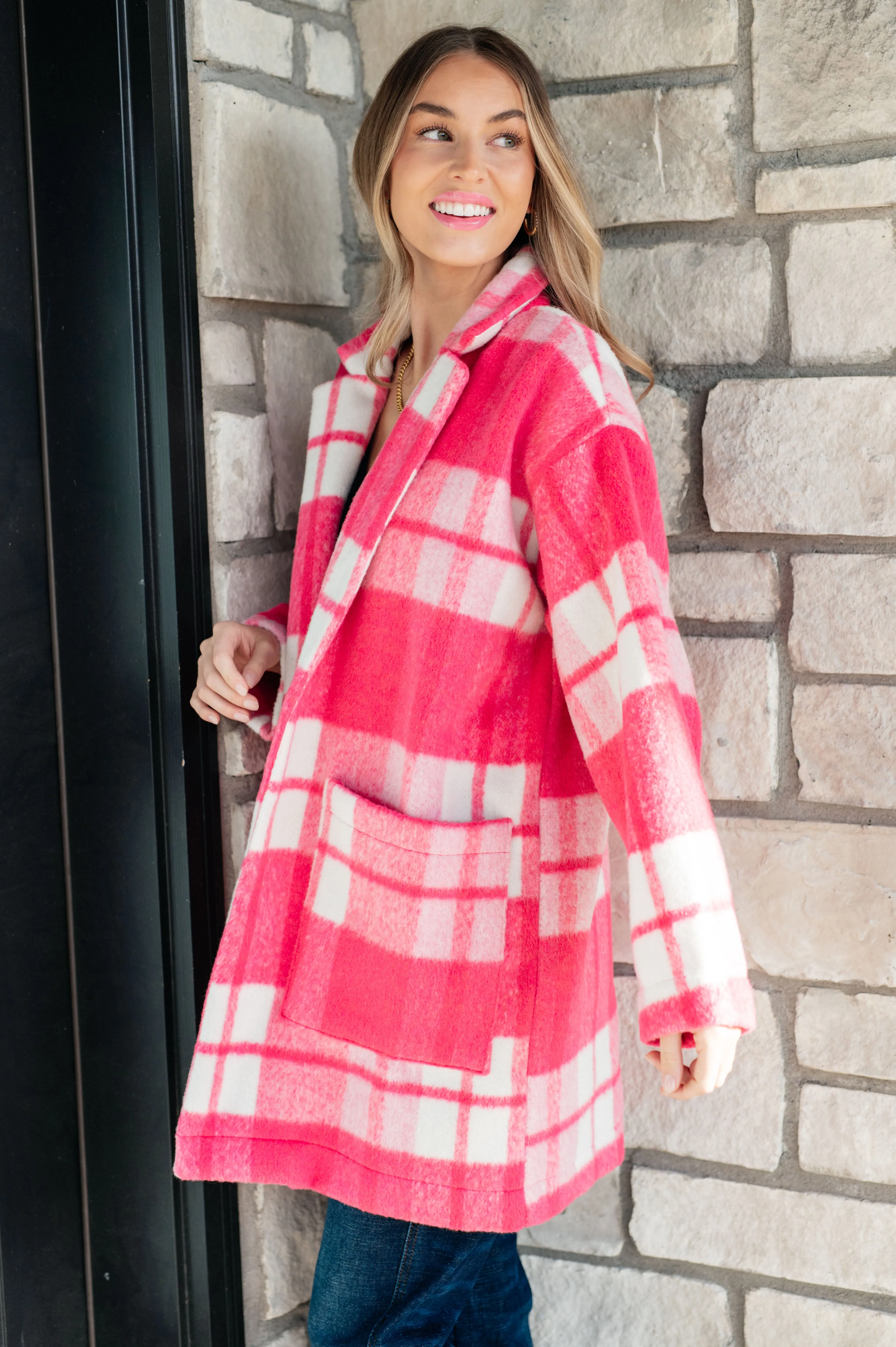 Davi & Dani Hot Pink Checker Plaid Open Front Drop Shoulder Longline Coat