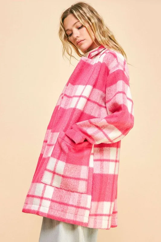 Davi & Dani Hot Pink Checker Plaid Open Front Drop Shoulder Longline Coat