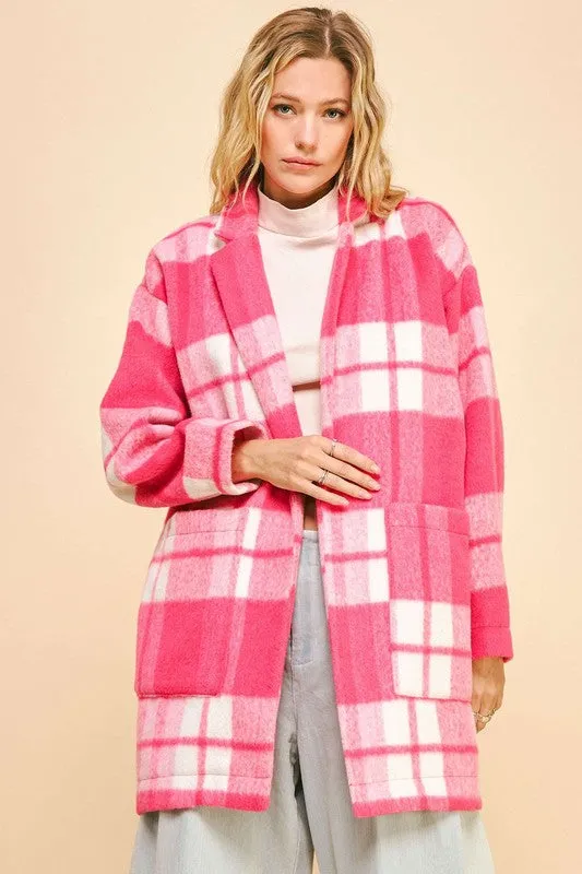 Davi & Dani Hot Pink Checker Plaid Open Front Drop Shoulder Longline Coat
