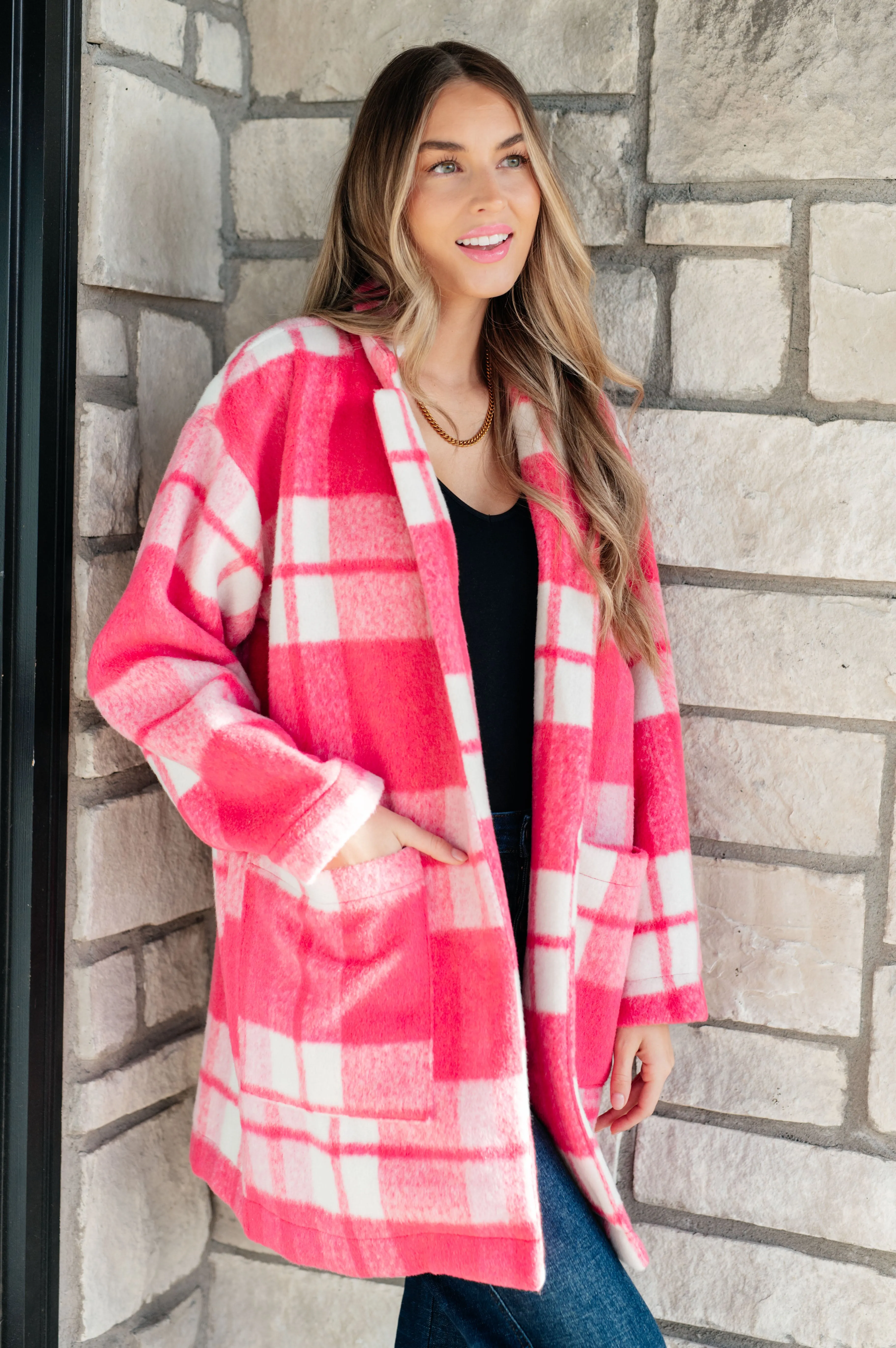 Davi & Dani Hot Pink Checker Plaid Open Front Drop Shoulder Longline Coat