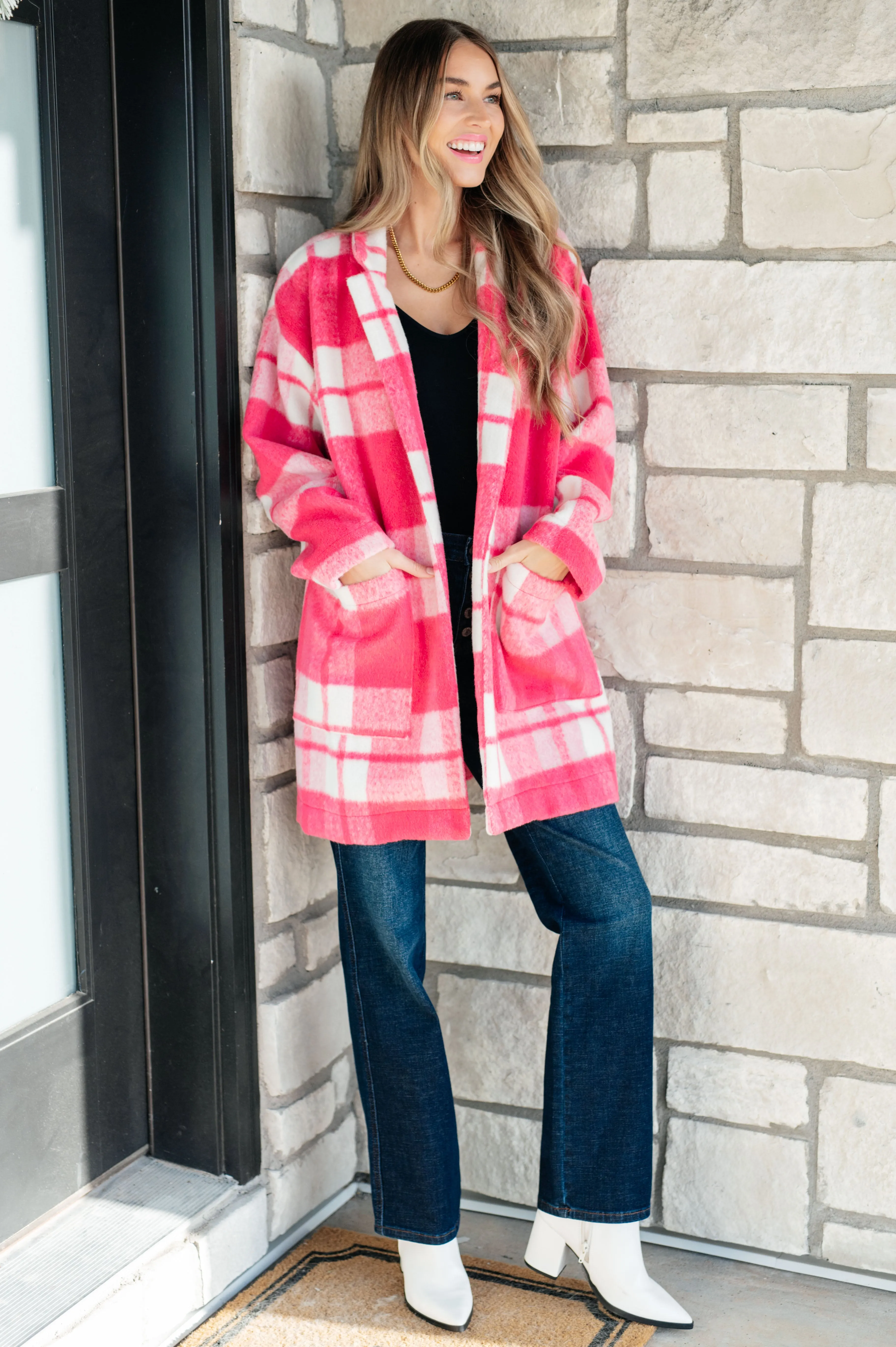 Davi & Dani Hot Pink Checker Plaid Open Front Drop Shoulder Longline Coat