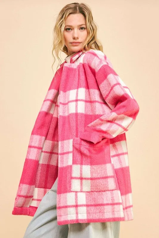 Davi & Dani Hot Pink Checker Plaid Open Front Drop Shoulder Longline Coat