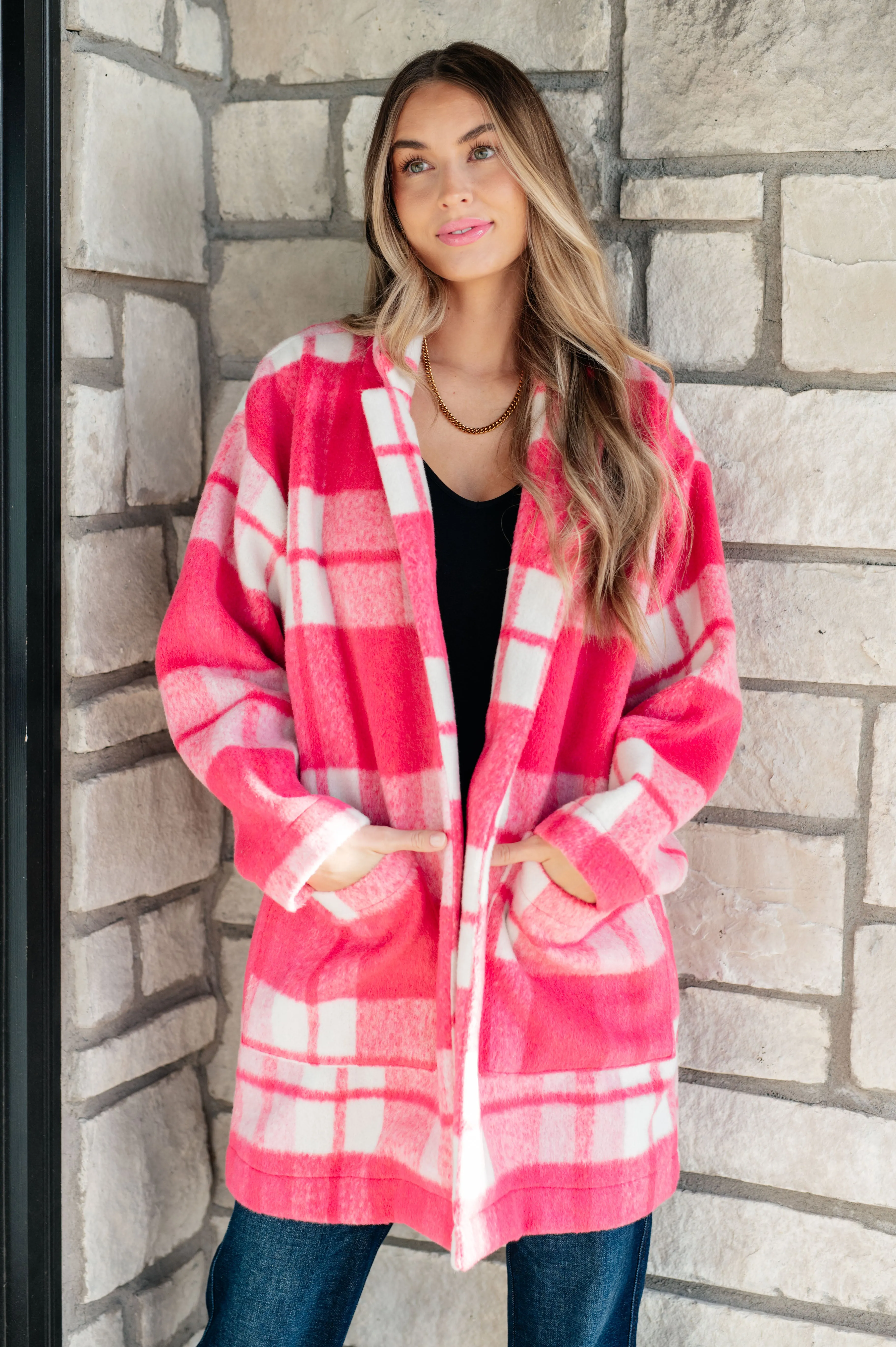 Davi & Dani Hot Pink Checker Plaid Open Front Drop Shoulder Longline Coat