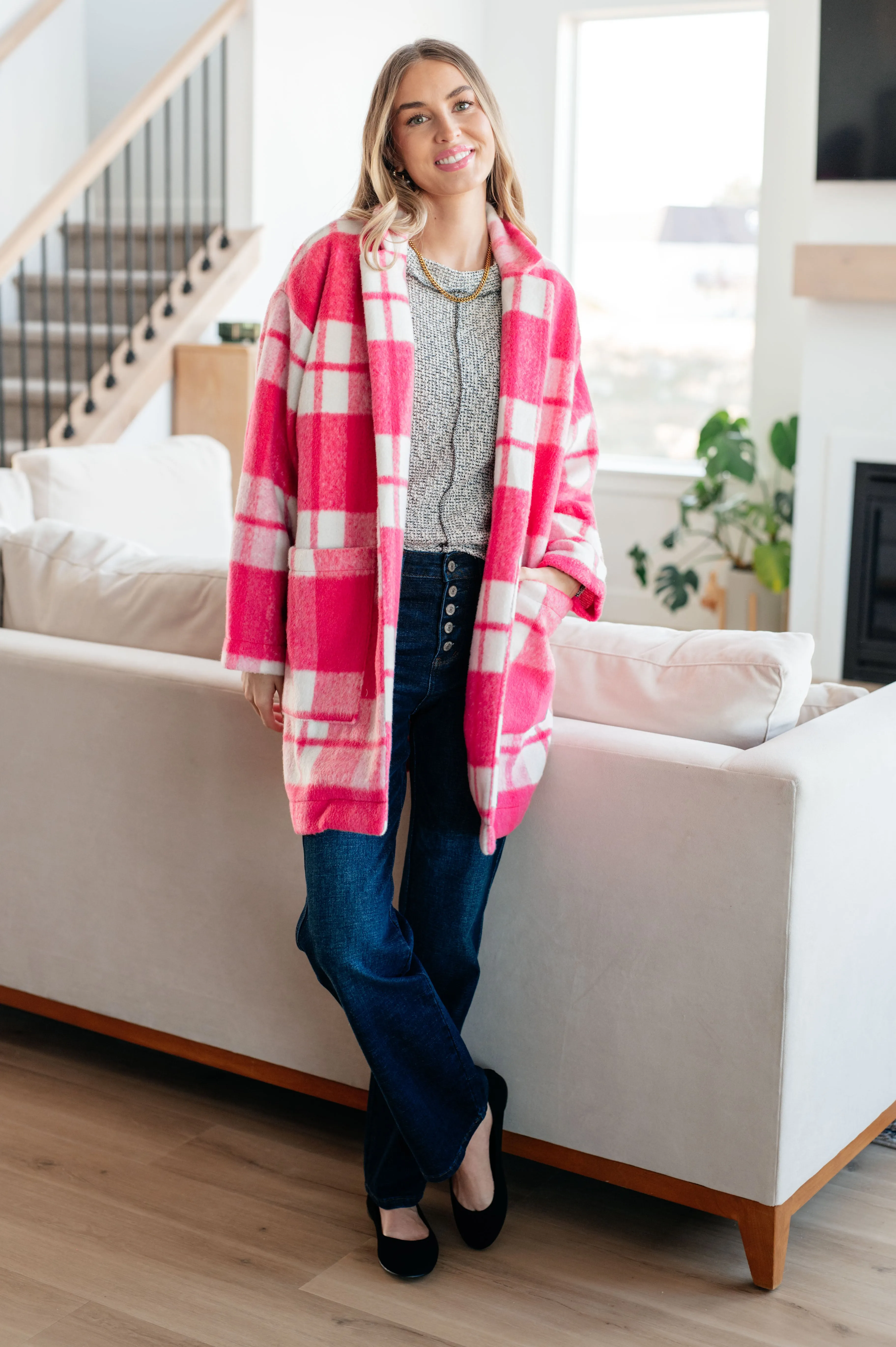 Davi & Dani Hot Pink Checker Plaid Open Front Drop Shoulder Longline Coat