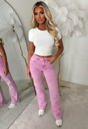 Denim Design Magenta Stretch Wide Leg Washed Jeans