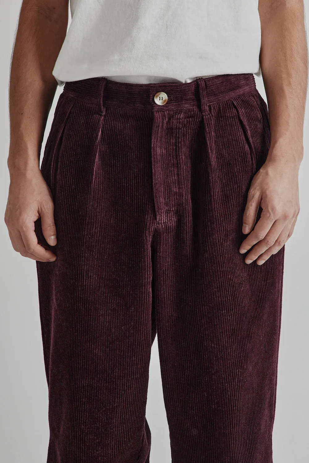 Double Pleated Cord Pant - Maroon