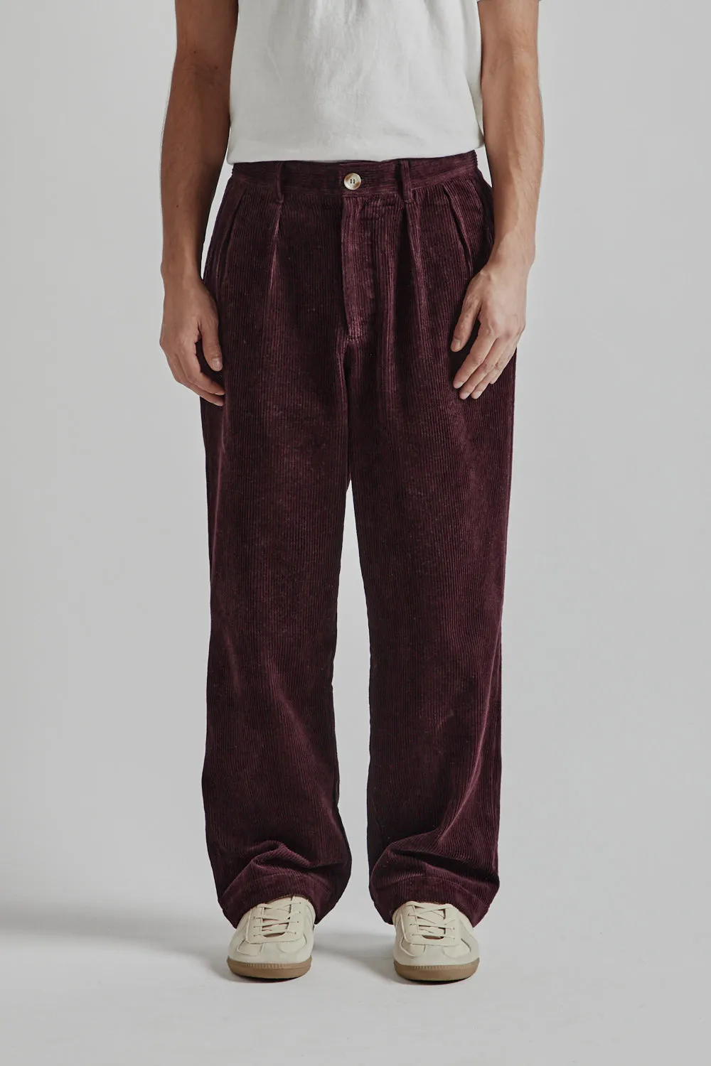 Double Pleated Cord Pant - Maroon