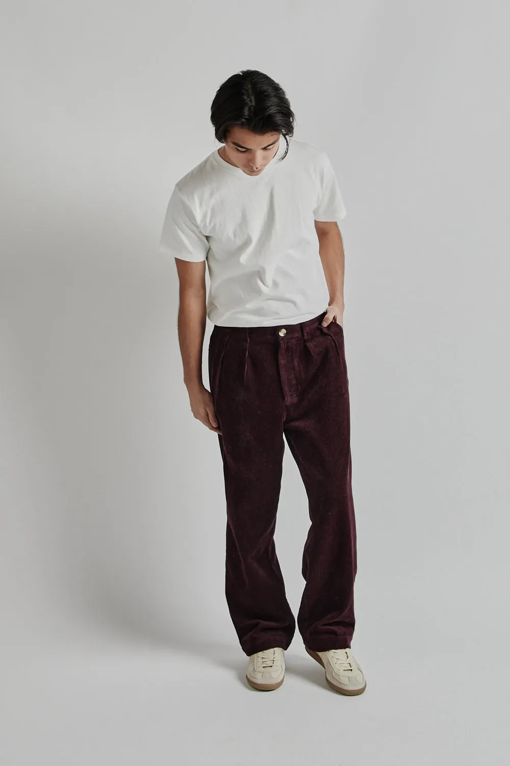 Double Pleated Cord Pant - Maroon