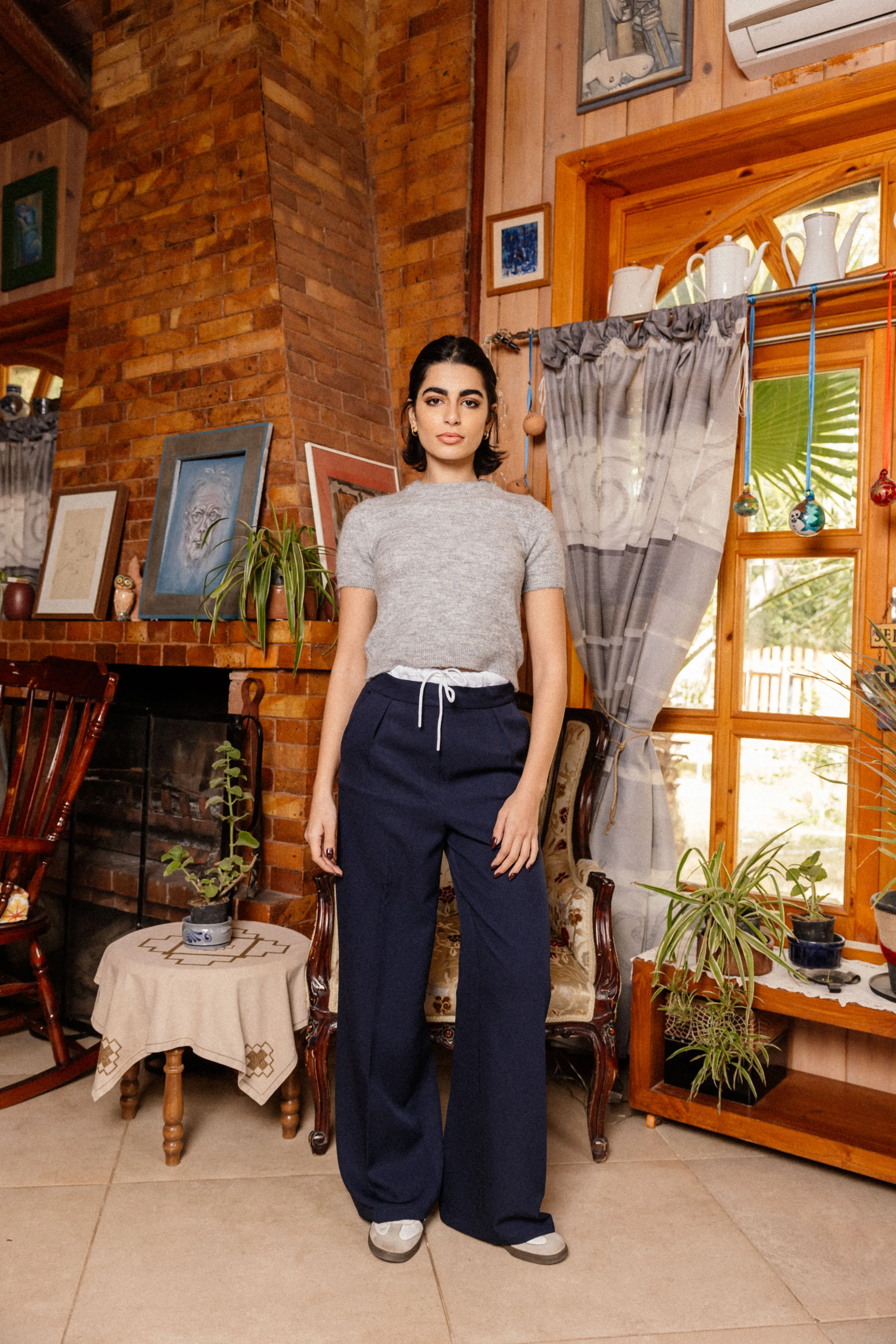 DOUBLE-WAISTBAND WIDE-LEG PANTS NAVY BLUE