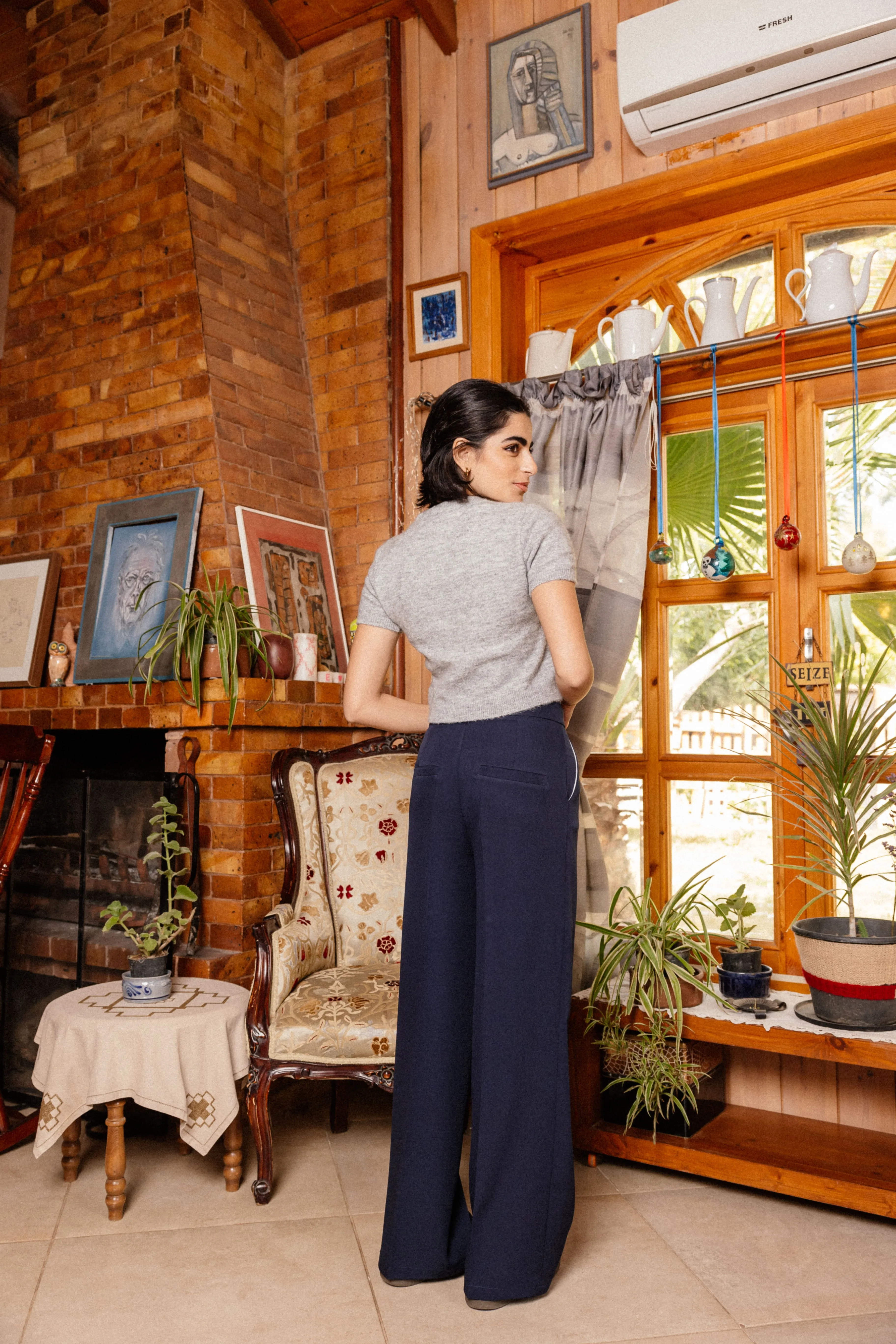DOUBLE-WAISTBAND WIDE-LEG PANTS NAVY BLUE