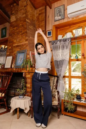 DOUBLE-WAISTBAND WIDE-LEG PANTS NAVY BLUE