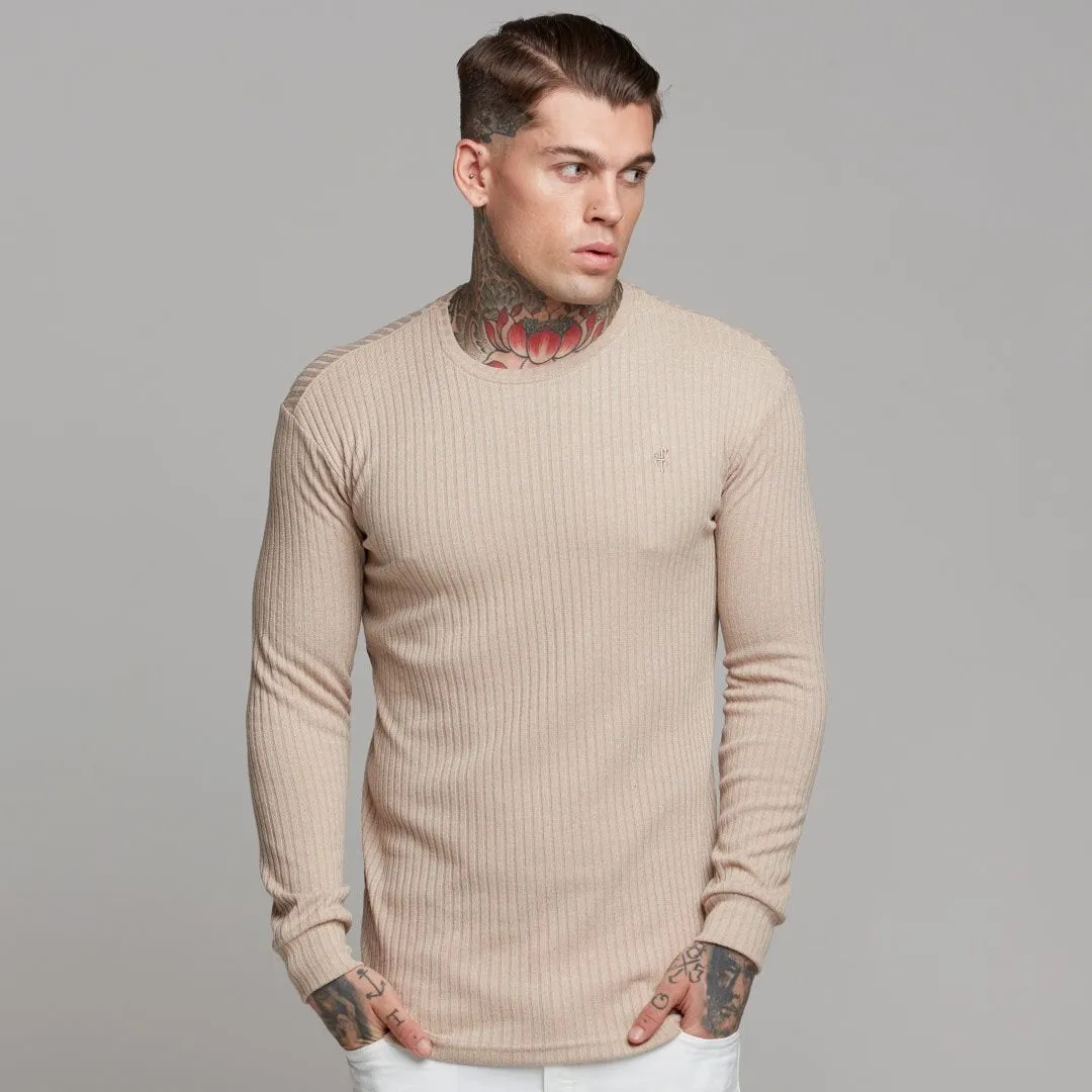 Father Sons Classic Beige Long Sleeve Ribbed Knit Super Slim Crew - FSH293