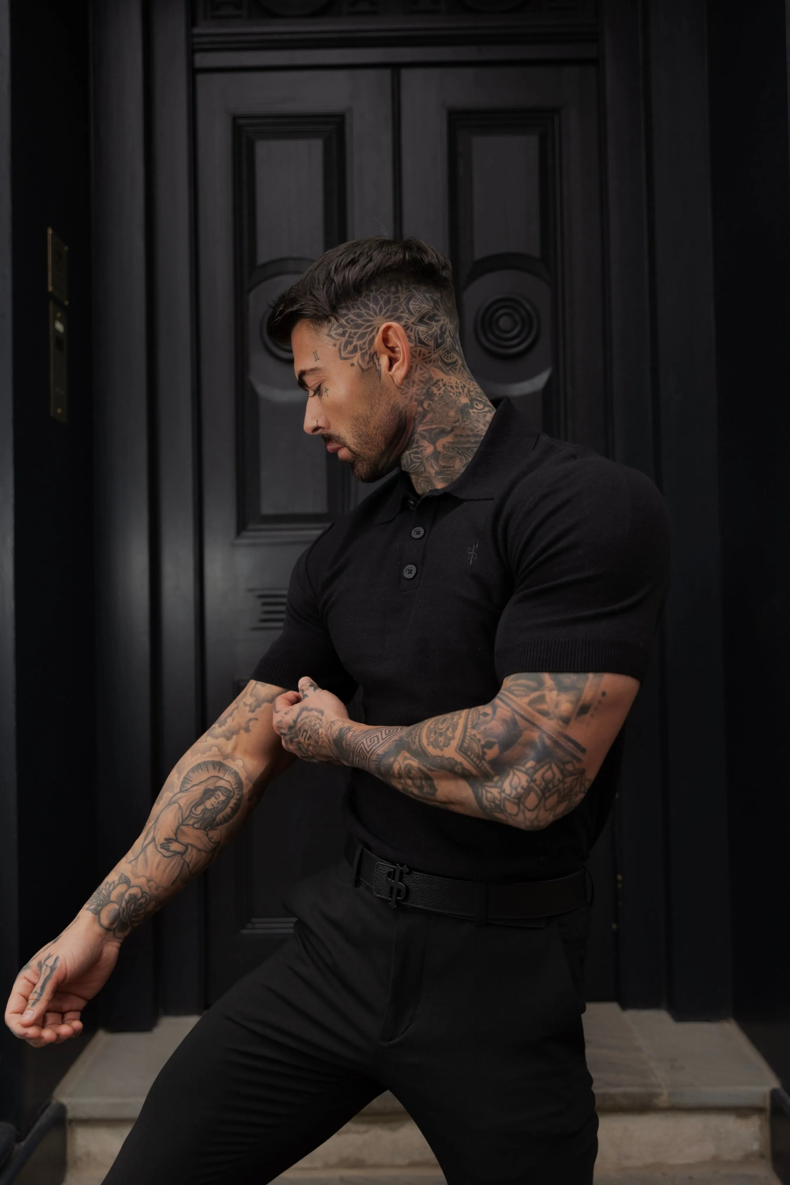 Father Sons Classic Black Knitted Polo Jumper Short Sleeve With Tonal FS Embroidery- FSN143