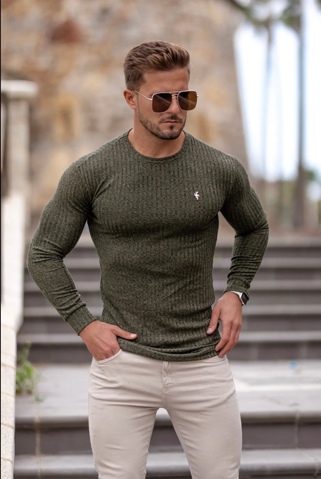 Father Sons Classic Khaki Ribbed Knit Jumper With Gold Emblem - FSH536