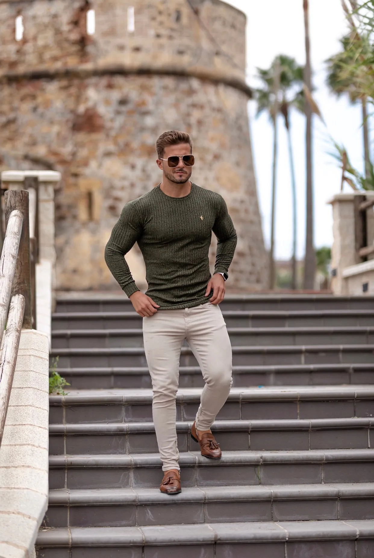 Father Sons Classic Khaki Ribbed Knit Jumper With Gold Emblem - FSH536