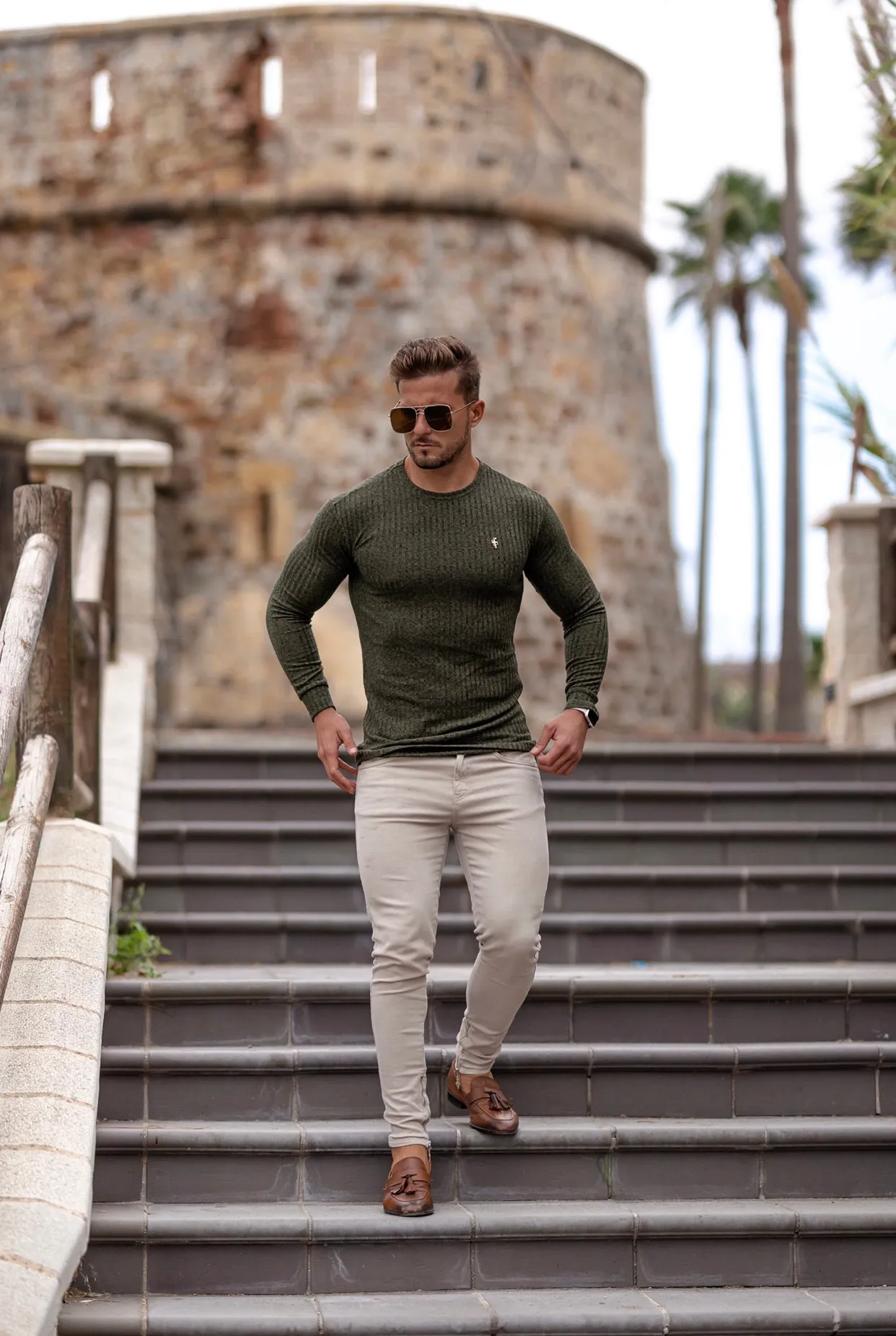 Father Sons Classic Khaki Ribbed Knit Jumper With Gold Emblem - FSH536