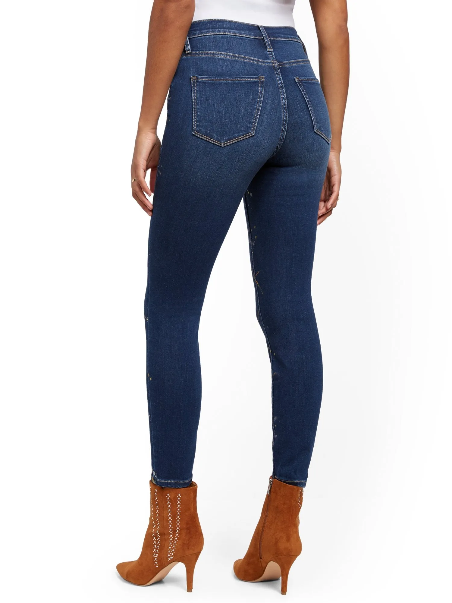 High-Waisted Paint-Splatter Super-Skinny Ankle Jeans -  Blue Honey