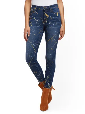 High-Waisted Paint-Splatter Super-Skinny Ankle Jeans -  Blue Honey