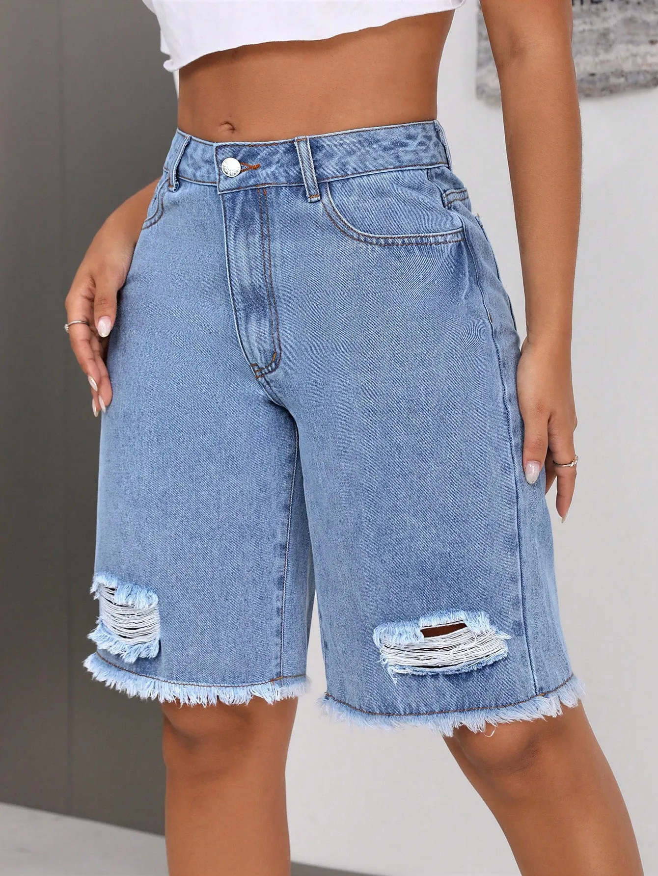 INS Casual Ripped Jeans Shorts – Blue Loose Street Hipster Style